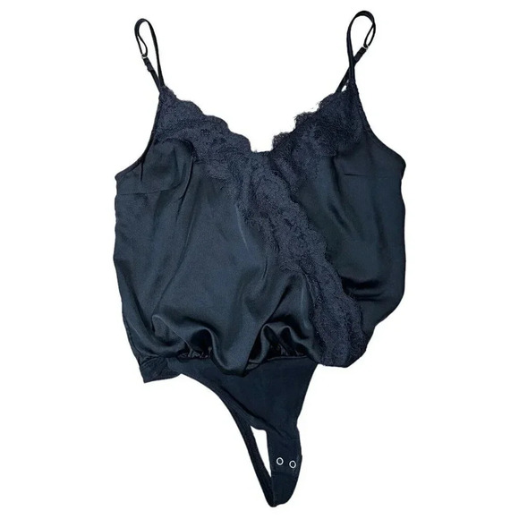 Abercrombie & Fitch Women Black Lace Flowy Satin Thing Bodysuit Size Small - Picture 1 of 7